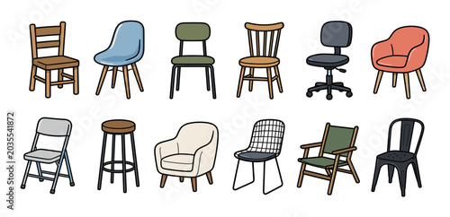 Wooden chair, plastic chair, office chair, armchair, folding chair, bar stool, and metal chair icon set