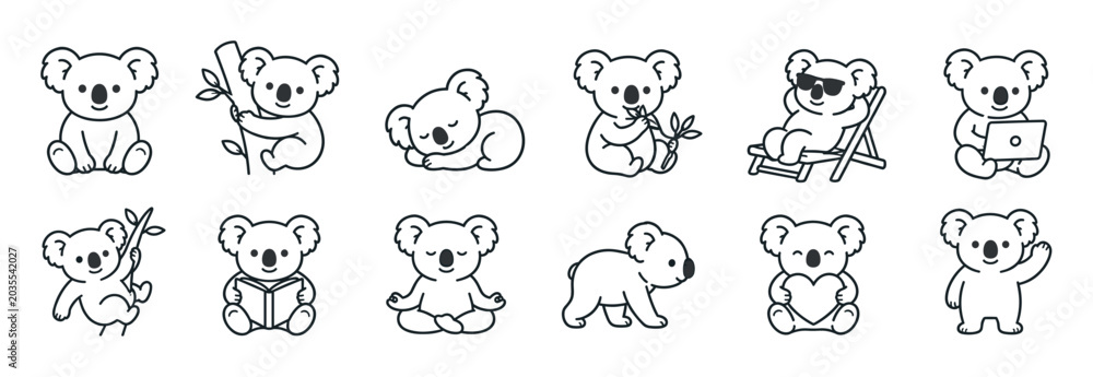 Fototapeta premium Cute koala bear characters in various poses like sitting, sleeping, climbing, relaxing, and working, black outline icon set