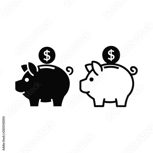 piggy bank icon set black and white silhouette with dollar sign