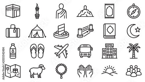 Hajj Pilgrimage Vector Line Icons for Islamic Religious Travel Agencies Guidebooks and Spiritual Umrah Journey Planning Layouts Detailing Holy Rituals and Logistics in Mecca