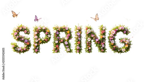 Vibrant spring flowers and butterflies form the word 'SPRING' in a colorful adobe stock illustration.