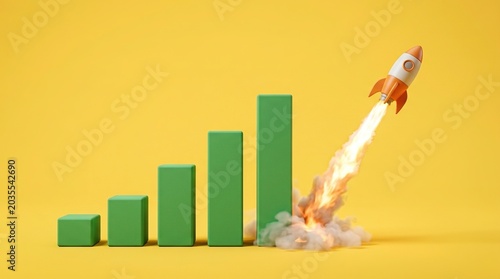 Cartoon rocket blasting off from highest green bar of growing graph chart with bright fiery exhaust against vibrant yellow background, business progress concept.