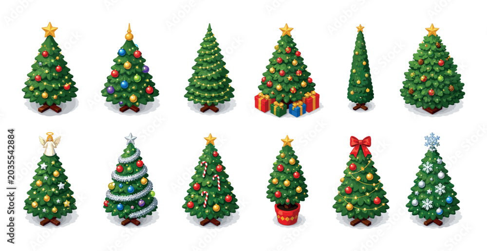 Obraz premium Christmas trees decorated with stars, ornaments, lights, gifts, and candy canes, presented as an isometric vector illustration set