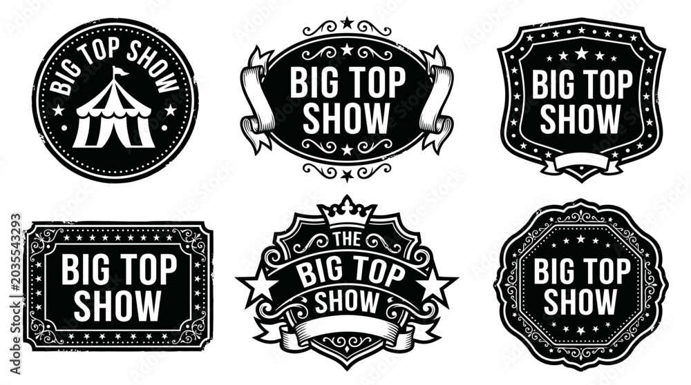 Fototapeta premium Collection of black and white vintage style circus show badges and labels vector