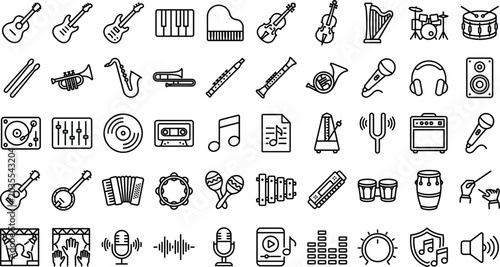 Musical Instruments and Sound Outline Icons – Modern Audio Vector Collection