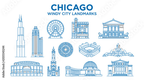 Chicago windy city landmarks illustration with famous buildings and attractions vector