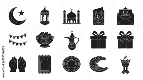 Ramadan Mubarak Graphic Icons for Holy Month Festive Marketing Event Invitations and Spiritual Community Fasting Break Mubarak Celebration Visual Communication Media Layouts