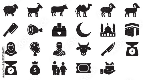Islamic Graphic Icons for Eid al-Adha Charity Donations Qurbani Sacrificial Food Distribution Networks and Religious Community Support Program Marketing Visual Asset Layouts