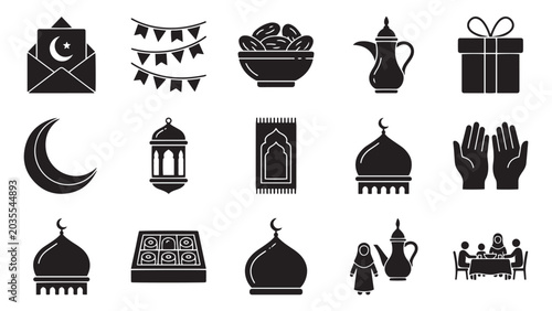 Islamic Holiday Vector Icons for Ramadan Kareem Marketing Campaigns Traditional Iftar Family Dinner Announcements and Holy Month Community Celebration Branding Projects