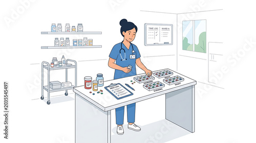 Nurse organizing medication in a hospital pharmacy