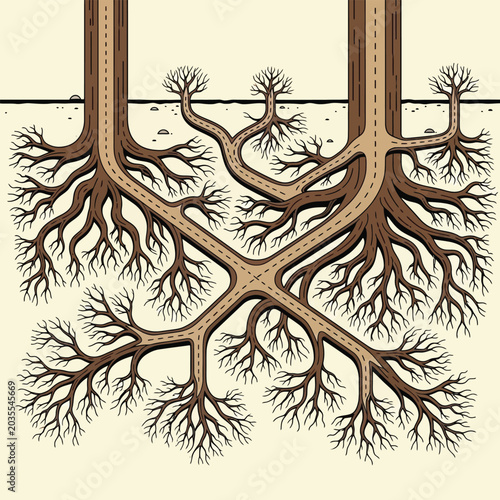 Tree roots as roads intertwining underground conceptual infrastructure and nature metaphor graphic illustration