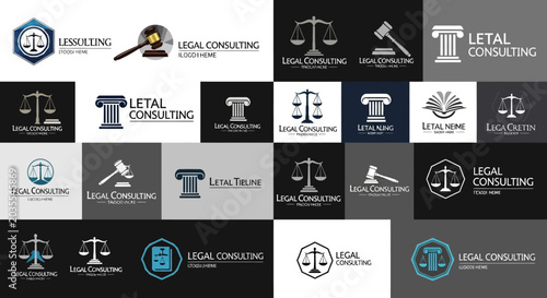 Tableau sur toile Legal Consulting Logos Collection: Scales of Justice, Gavel, Column Icons for La