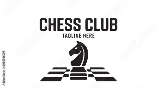 Minimalist Chess Club Emblem Featuring a Striking Knight Silhouette and a Modern, Perspective-Driven Chessboard Layout for Strategic Gaming Identity