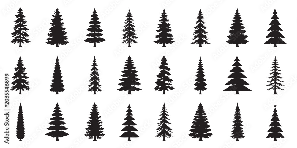 Fototapeta premium Pine tree icon set with fir and Christmas tree black and white vector illustration. Trees silhouette vector set with pine forest horizon line. Diverse tree silhouettes collection vector illustration