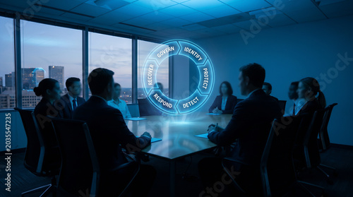 Business Executives in Office Boardroom Discussing Cybersecurity Strategy and Risk Management Framework