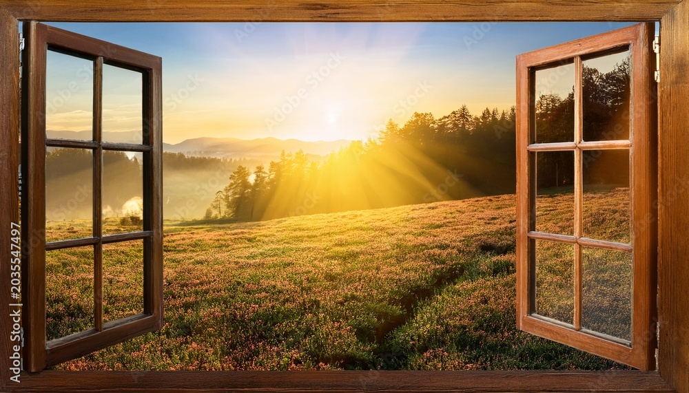 Fototapeta premium Warm Sunlight Pours Through An Open Window Illuminating A Tranquil Outdoor Landscape At Sunrise