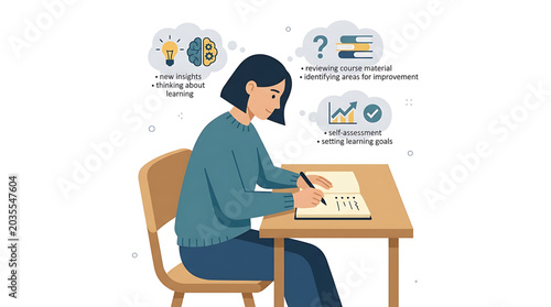 Student girl writing in notebook, reflective learning process, metacognition, selfassessment and goal setting illustration