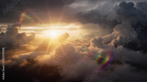 Flying above sunset cloudscape panorama, beautiful aerial cloud timelapse, golden sun shines through moving animated cumulus clouds with peaceful god rays, dramatic storm sky.