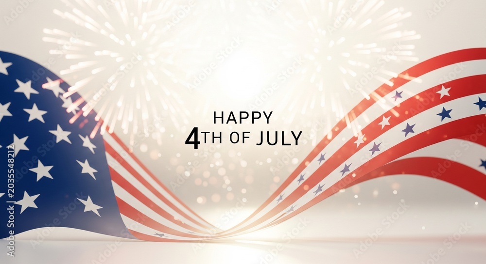 Obraz premium Abstract American flag waving with fireworks and bokeh lights in background, celebrating Independence Day holiday with patriotic theme and festive atmosphere, graphic design element