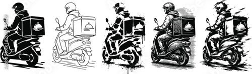 Motorbike riders in various styles ride by with delivery boxes on their bikes.