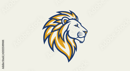Tableau sur toile Majestic Lion Head Emblem, Golden Mane, Blue Outline, Minimalist Logo Design