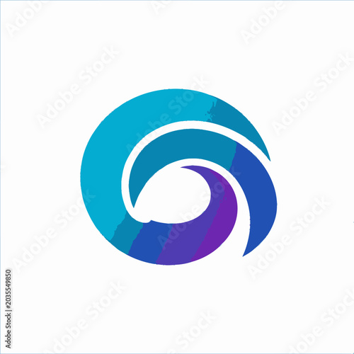 Circular abstract logo with layered blue and purple curves.
