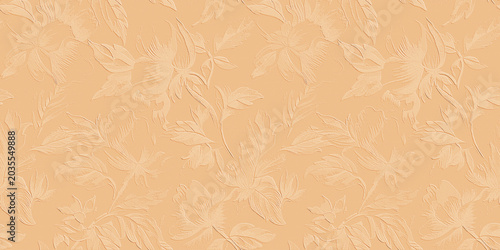 A series of elegant, seamless floral and leaf patterns featuring a 3D embossed texture on a canvas-like background in peach.