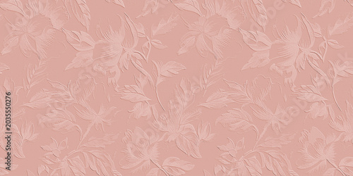 A series of elegant, seamless floral and leaf patterns featuring a 3D embossed texture on a canvas-like background in dusty pink.