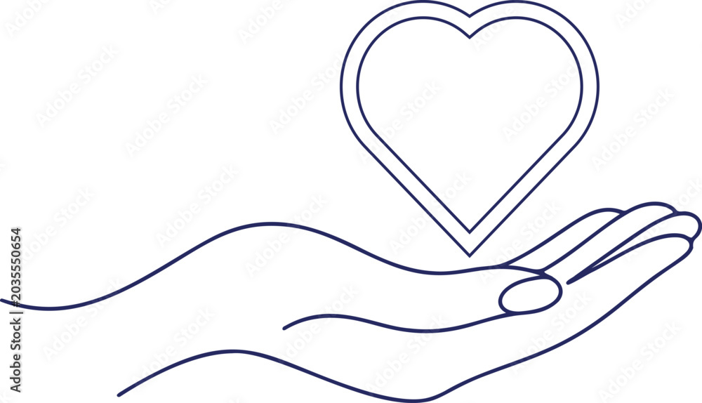 Fototapeta premium A modern continuous line drawing of a hand holding a heart, symbolizing love, care, and compassion, designed in minimalist vector style with smooth curves and transparent background.