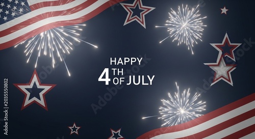 Happy 4th of July patriotic celebration with American flag elements and fireworks display against a dark blue background, featuring stars and stripes in a festive design for Independence Day.
