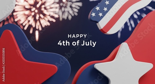 Abstract 3D render of patriotic USA themed shapes and fireworks celebrating Fourth of July holiday with stars and stripes elements in red white and blue colors against dark background