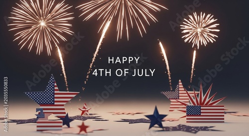 Festive 4th of July celebration with fireworks and American flag stars on a dark background, symbolizing patriotism and national holiday.