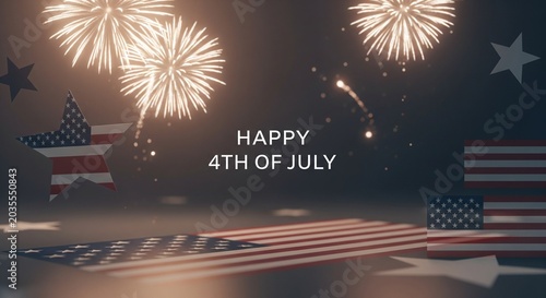 Happy 4th of July celebration with fireworks and American flag elements, patriotic holiday theme, festive night scene with stars and stripes, Independence Day concept, digital art illustration