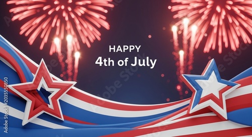 Happy 4th of July patriotic celebration with red white and blue stars and stripes waving and fireworks exploding in the night sky, festive holiday graphic design concept