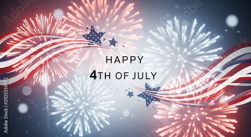 Happy 4th of July greeting with American flag elements and fireworks display in red, white, and blue colors, celebrating Independence Day with patriotic symbols and festive explosions.