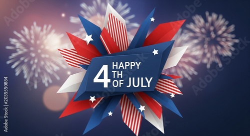Abstract patriotic explosion of red white and blue geometric shapes with stars and stripes pattern and blurred fireworks in background celebrating Fourth of July holiday