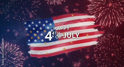 Happy Fourth of July celebration with American flag and fireworks display in night sky, patriotic holiday graphic design