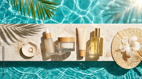 Skincare products arranged on stone ledge beside a swimming pool water