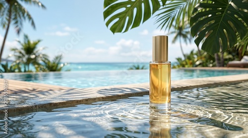 Glass perfume bottle standing in water near tropical swimming pool background