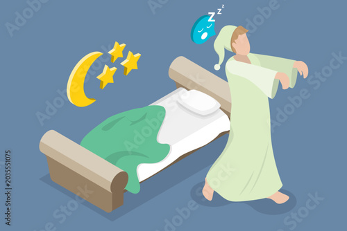 Foto 3D Isometric Flat Vector Illustration of Somnambulism, Lunatizm Trouble