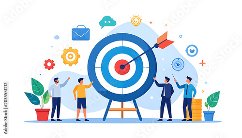 Business team strategizing around a large pixelated target with dart, symbolizing goal achievement, success, and planning, diverse group collaborating on objectives