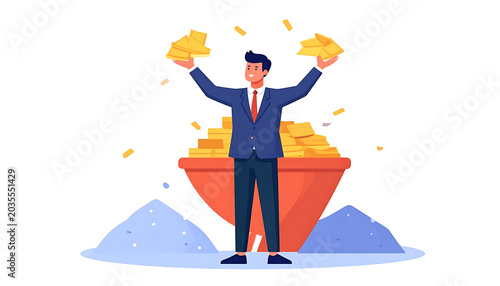 Businessman with arms raised in celebration, holding gold bars, standing in front of a wheelbarrow filled with gold and piles of coins, confetti falling around, conveying wealth and success