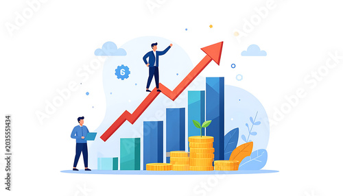 Businessmen climbing rising arrow graph with stack of coins, representing financial growth and success, ideal for investment concepts