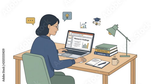 Young woman working on research findings on laptop at desk