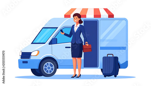 Businesswoman with smartphone and suitcase next to a delivery van, service, logistics, transport, business travel, mobile commerce, urban delivery, professional woman, logistics service