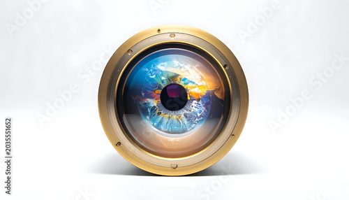 Camera lens reflecting planet earth with iris like eye, symbolic of surveillance, vision, or global perspective, on a white background