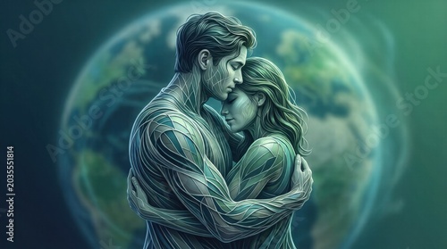 Couple embraces tenderly against a glowing Earth