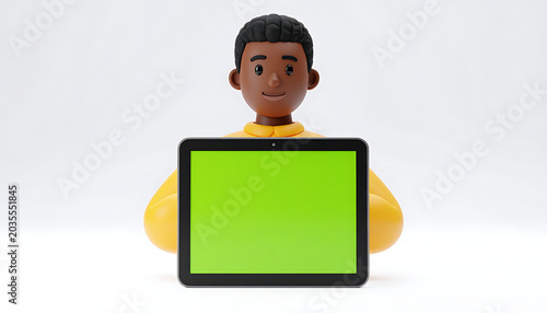 Cartoon character man holding a tablet with a green screen, isolated on a white background, digital presentation, technology concept.