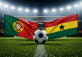 Portugal versus ghana soccer match flags and ball on field