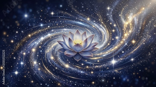 Cosmic swirls embrace a glowing lotus flower